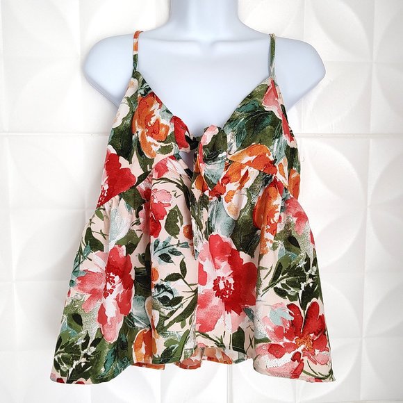 Floral Cropped Ruffle Tank Top Summer Swing Tropical Bow Boho S - Picture 3 of 12